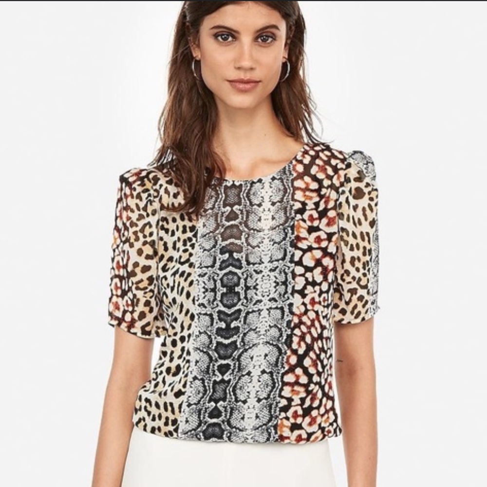Express multi Animal Print puff short sleeve split back cut out with under layer